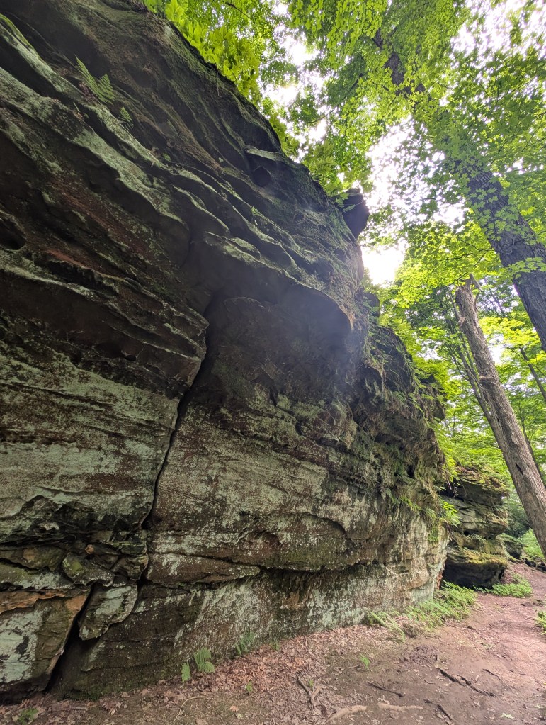 Very tall sandstone cliffs looming over the path. Absolute units.