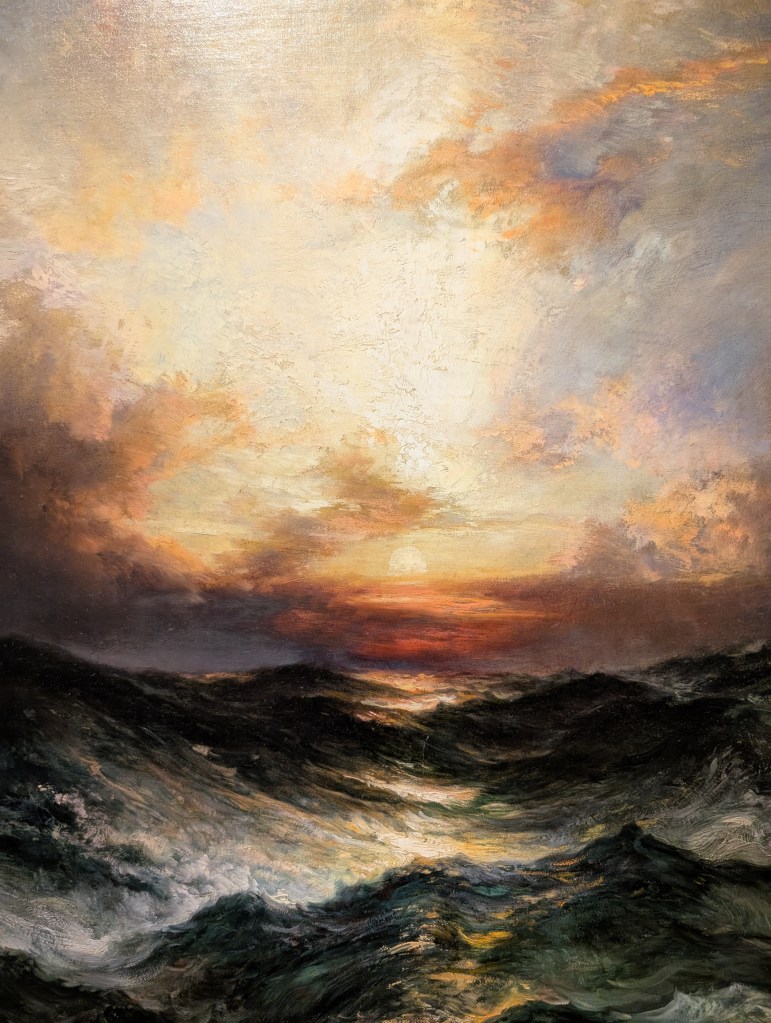 A close-up of the painting with bright light breaking through the storm clouds and highlighting the crashing waves