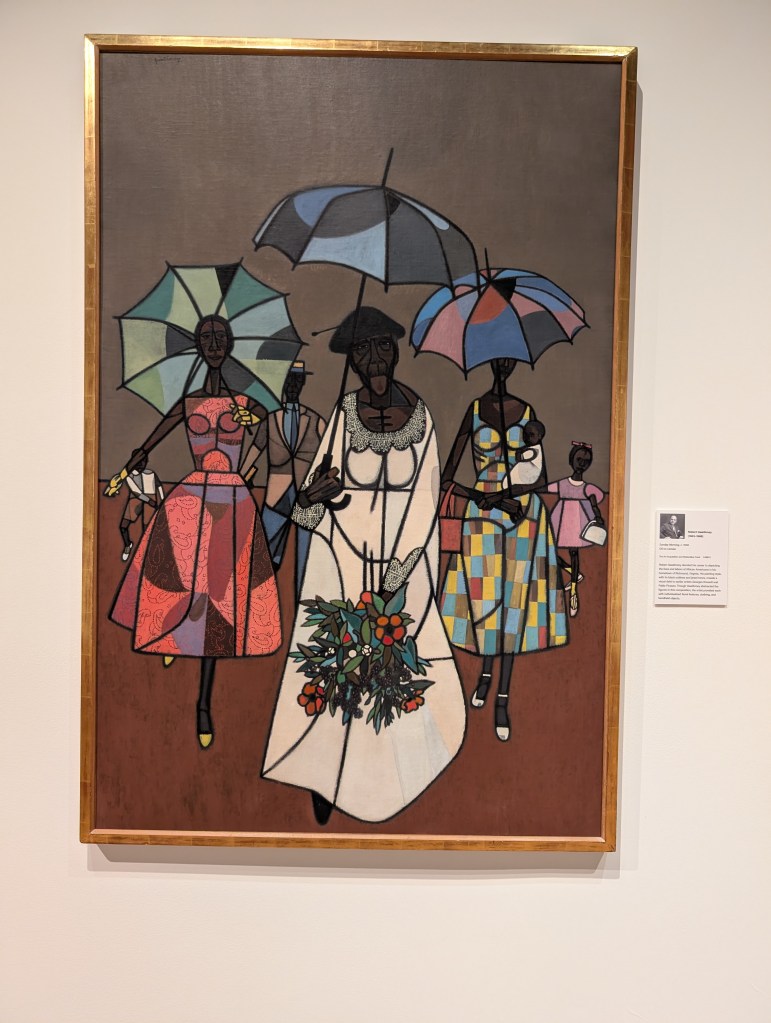 An absolutely gorgeous painting of six African-Americans: three women, one baby, one man, and one little girl. They are wearing colorful dresses and holding umbrellas.
