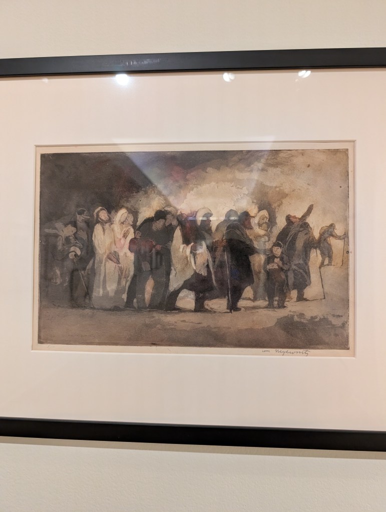 A haunting painting of barely distinguishable figures carrying burdens walking in a line