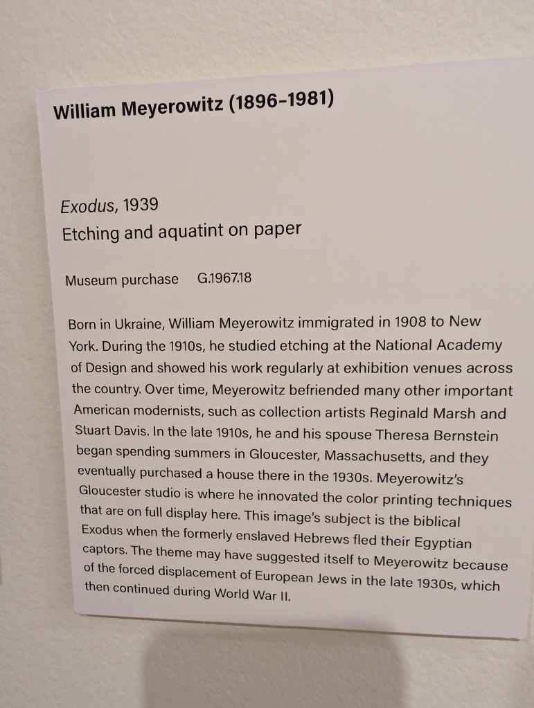 A plaque saying that the painting is called "Exodus" and was made in 1939 by William Meyerowitz