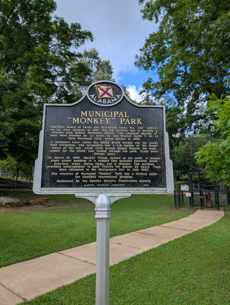 A historical marker for the state of Alabama. It reads "Municipal 'Monkey' Park" and tells the history of the park.