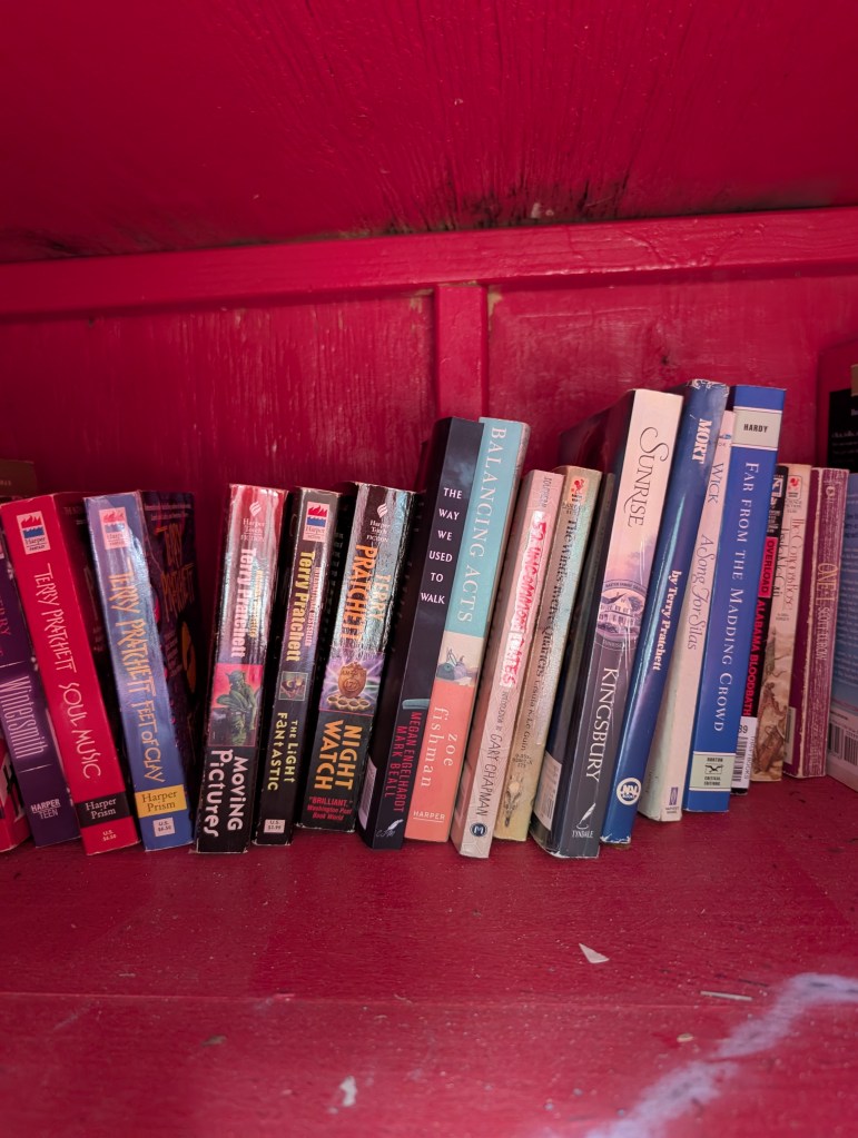 The inside of the red Little Free Library box that shows "The Way We Used to Walk" shelved next to six Discworld books.