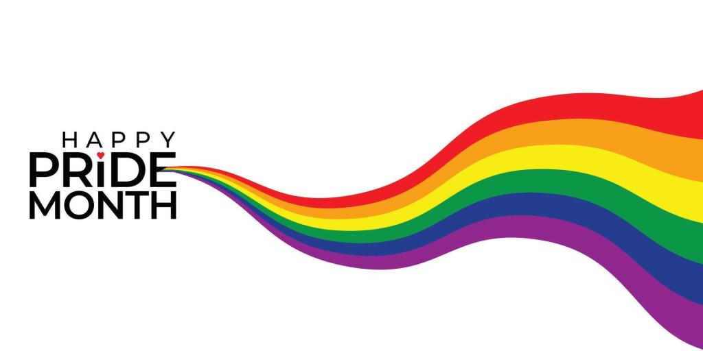 A sign that says "Happy Pride Month" with a rainbow flowing out of it.